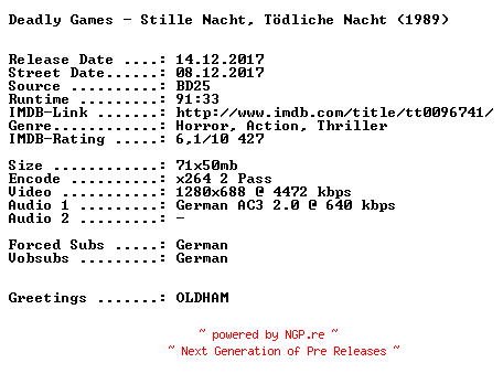 NFO for the release Deadly.Games.Stille.Nacht.Toedliche.Nacht.1989.German.720p.BluRay.x264-SPiCY by SPiCY