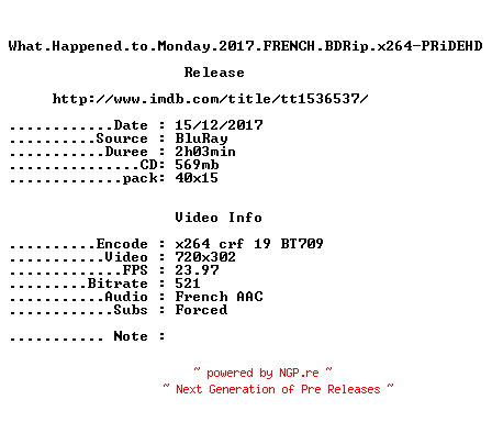 NFO for the release What.Happened.to.Monday.2017.FRENCH.BDRip.x264-PRiDEHD by PRiDEHD