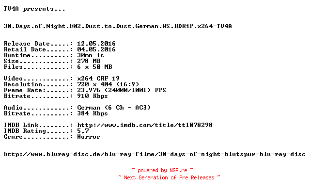 NFO for the release 30.Days.of.Night.E02.Dust.to.Dust.German.WS.BDRiP.x264-TV4A by TV4A