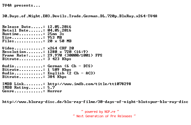NFO for the release 30.Days.of.Night.E03.Devils.Trade.German.DL.720p.BluRay.x264-TV4A by TV4A