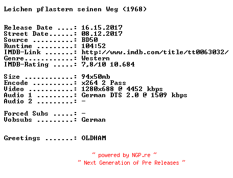 NFO for the release Leichen.pflastern.seinen.Weg.1968.German.720p.BluRay.x264-SPiCY by SPiCY