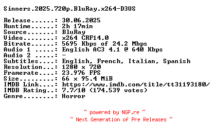 NFO for the release Sinners.2025.720p.BluRay.x264-D3US by D3US