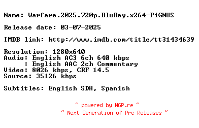 NFO for the release Warfare.2025.720p.BluRay.x264-PiGNUS by PiGNUS