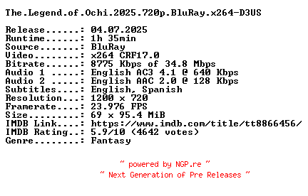 NFO for the release The.Legend.of.Ochi.2025.720p.BluRay.x264-D3US by D3US