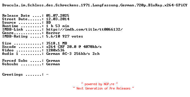 NFO for the release Dracula.im.Schloss.des.Schreckens.1971.Langfassung.German.720p.BluRay.x264-SPiCY by SPiCY