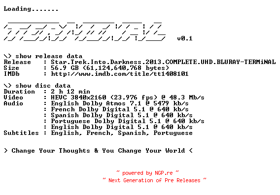 NFO for the release Star.Trek.Into.Darkness.2013.COMPLETE.UHD.BLURAY-TERMiNAL by TERMiNAL