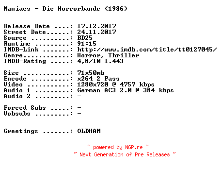 NFO for the release Maniacs.Die.Horrorbande.1986.German.720p.BluRay.x264-SPiCY by SPiCY