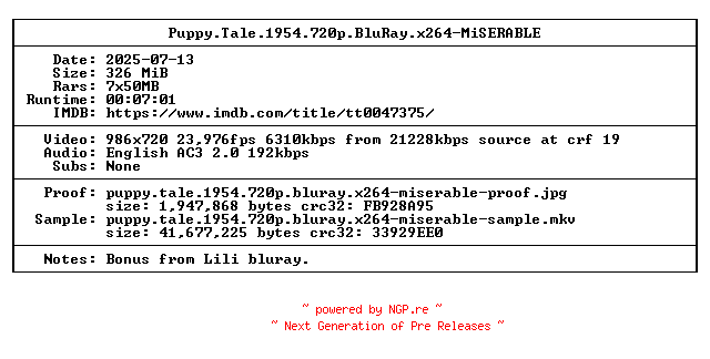 NFO for the release Puppy.Tale.1954.720p.BluRay.x264-MiSERABLE by MiSERABLE