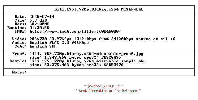 NFO for the release Lili.1953.720p.BluRay.x264-MiSERABLE by MiSERABLE
