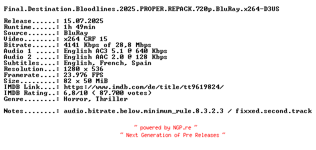 NFO for the release Final.Destination.Bloodlines.2025.PROPER.REPACK.720p.BluRay.x264-D3US by D3US