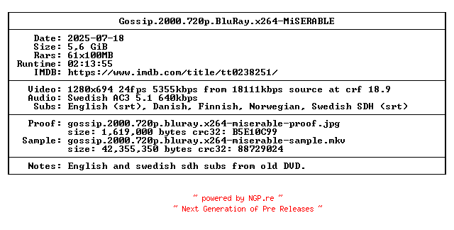 NFO for the release Gossip.2000.720p.BluRay.x264-MiSERABLE by MiSERABLE