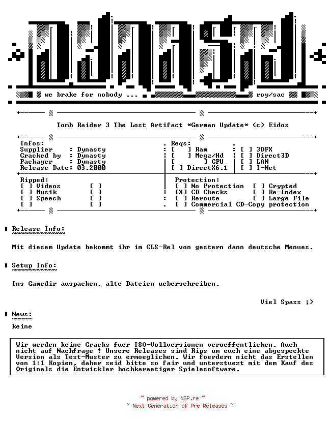 NFO for the release Tomb_Raider_3_The_Lost_Artifact_GERMAN_Update-DYNASTY by DYNASTY