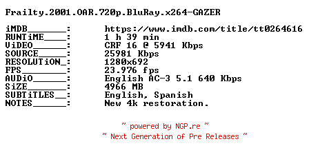 NFO for the release Frailty.2001.OAR.720p.BluRay.x264-GAZER by GAZER