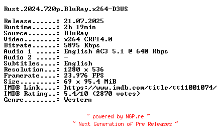 NFO for the release Rust.2024.720p.BluRay.x264-D3US by D3US