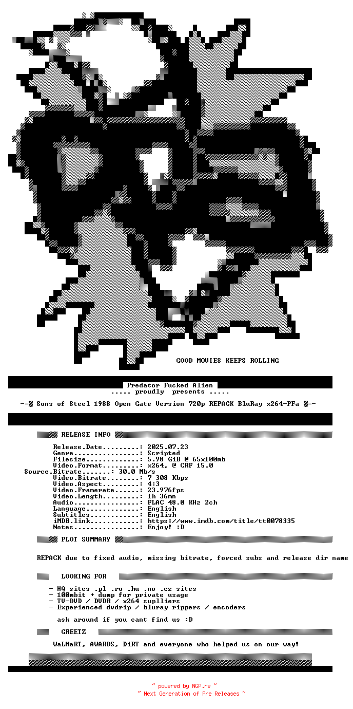 NFO for the release Sons.of.Steel.1988.Open.Gate.Version.720p.REPACK.BluRay.x264-PFa by PFa