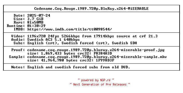 NFO for the release Codename.Coq.Rouge.1989.720p.BluRay.x264-MiSERABLE by MiSERABLE