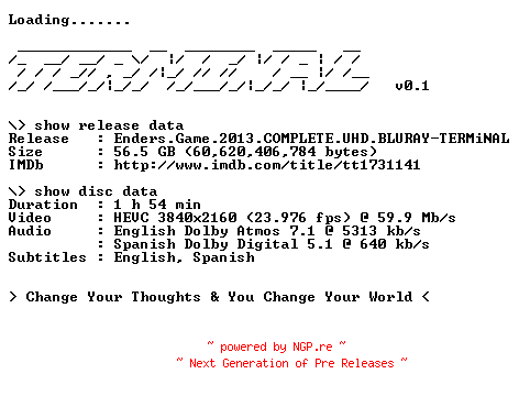 NFO for the release Enders.Game.2013.COMPLETE.UHD.BLURAY-TERMiNAL by TERMiNAL