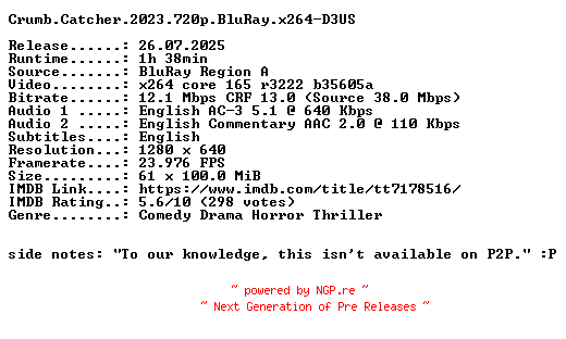 NFO for the release Crumb.Catcher.2023.720p.BluRay.x264-D3US by D3US