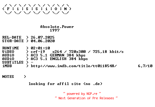 NFO for the release Absolute.Power.German.1997.DL.BDRiP.x264.iNTERNAL-FiSSiON by FiSSiON