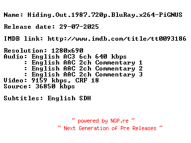 NFO for the release Hiding.Out.1987.720p.BluRay.x264-PiGNUS by PiGNUS