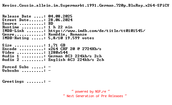NFO for the release Kevins.Cousin.allein.im.Supermarkt.1991.German.720p.BluRay.x264-SPiCY by SPiCY