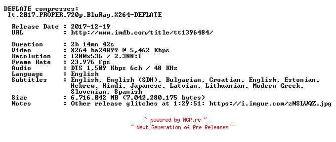 NFO for the release It.2017.PROPER.720p.BluRay.X264-DEFLATE by DEFLATE