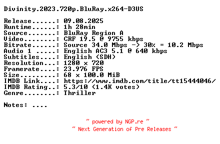 NFO for the release Divinity.2023.720p.BluRay.x264-D3US by D3US