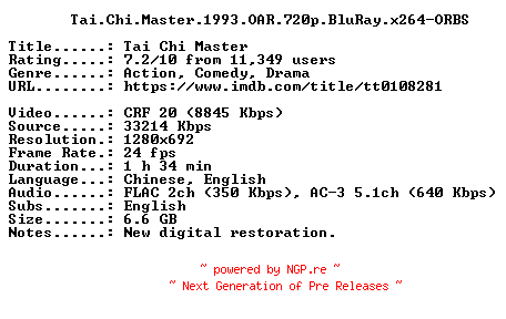 NFO for the release Tai.Chi.Master.1993.OAR.720p.BluRay.x264-ORBS by ORBS