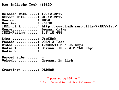 NFO for the release Das.indische.Tuch.1963.German.720p.BluRay.x264-SPiCY by SPiCY