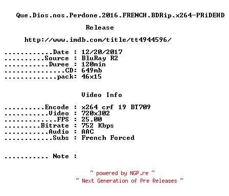 NFO for the release Que.Dios.nos.Perdone.2016.FRENCH.BDRip.x264-PRiDEHD by PRiDEHD