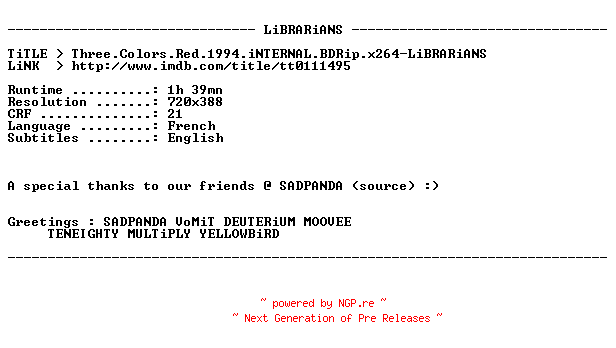 NFO for the release Three.Colors.Red.1994.iNTERNAL.BDRip.x264-LiBRARiANS by LiBRARiANS