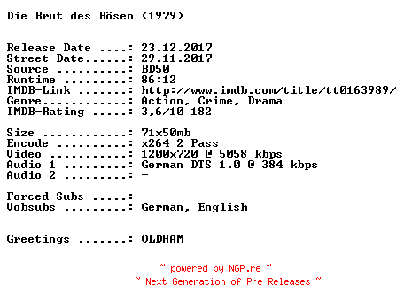 NFO for the release Die.Brut.des.Boesen.1979.German.720p.BluRay.x264-SPiCY by SPiCY