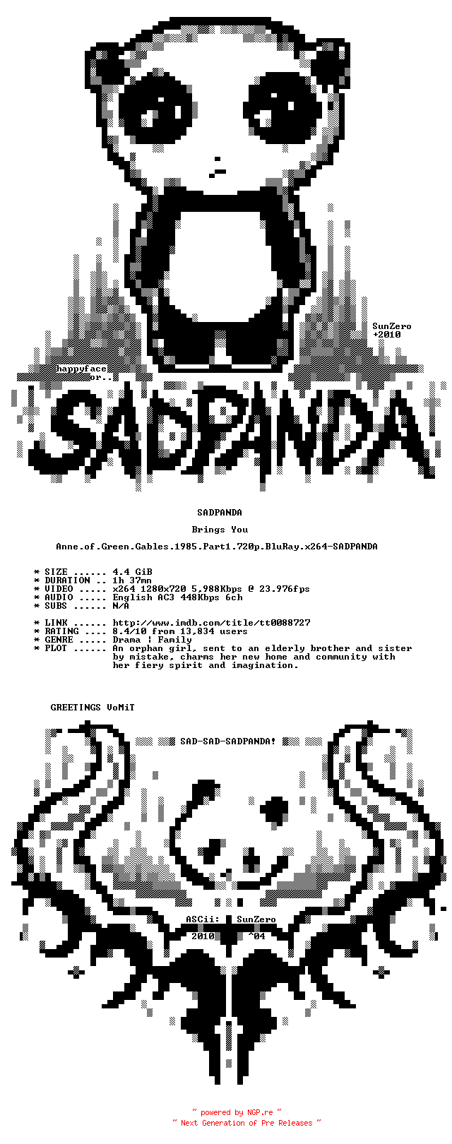 NFO for the release Anne.of.Green.Gables.1985.Part1.720p.BluRay.x264-SADPANDA by SADPANDA