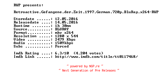 NFO for the release Retroactive.Gefangene.der.Zeit.1997.German.720p.BluRay.x264-RWP by RWP