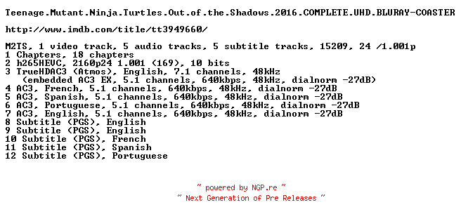 NFO for the release Teenage.Mutant.Ninja.Turtles.Out.of.the.Shadows.2016.COMPLETE.UHD.BLURAY-COASTER by COASTER