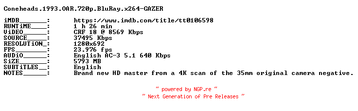 NFO for the release Coneheads.1993.OAR.720p.BluRay.x264-GAZER by GAZER