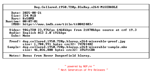NFO for the release Dog.Collared.1950.720p.BluRay.x264-MiSERABLE by MiSERABLE