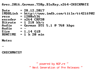 NFO for the release Ares.2016.German.720p.BluRay.x264-CHECKMATE by CHECKMATE