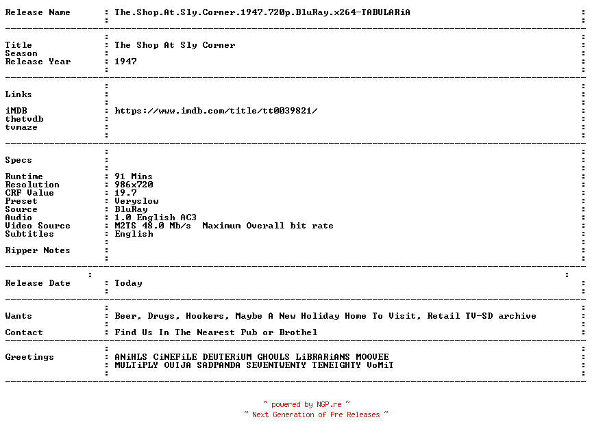 NFO for the release The.Shop.At.Sly.Corner.1947.720p.BluRay.x264-TABULARiA by TABULARiA