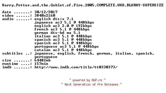 NFO for the release Harry.Potter.and.the.Goblet.of.Fire.2005.COMPLETE.UHD.BLURAY-SUPERSIZE by SUPERSIZE