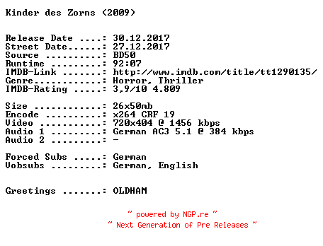 NFO for the release Kinder.des.Zorns.German.2009.AC3.BDRip.x264-SPiCY by SPiCY