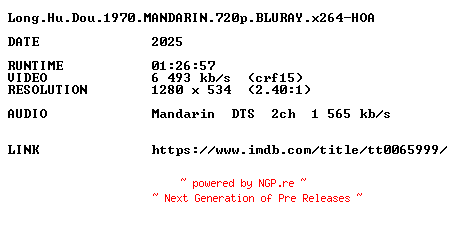 NFO for the release Long.Hu.Dou.1970.MANDARIN.720p.BLURAY.x264-HOA by HOA