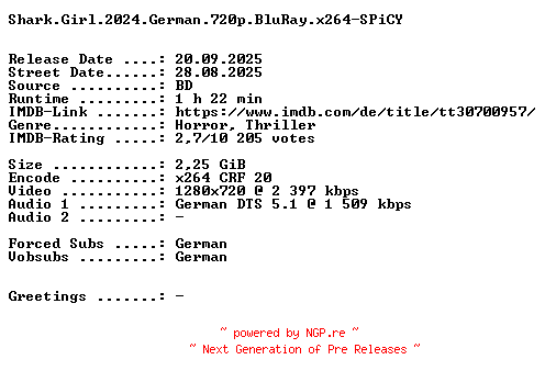 NFO for the release Shark.Girl.2024.German.720p.BluRay.x264-SPiCY by SPiCY