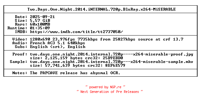 NFO for the release Two.Days.One.Night.2014.iNTERNAL.720p.BluRay.x264-MiSERABLE by MiSERABLE