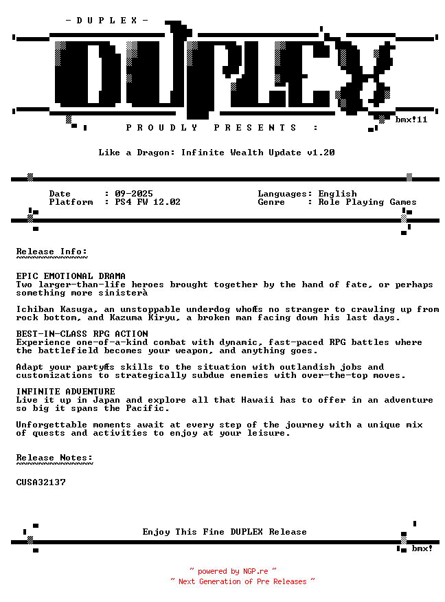NFO for the release Like.a.Dragon.Infinite.Wealth.Update.v1.20.PS4-DUPLEX by DUPLEX