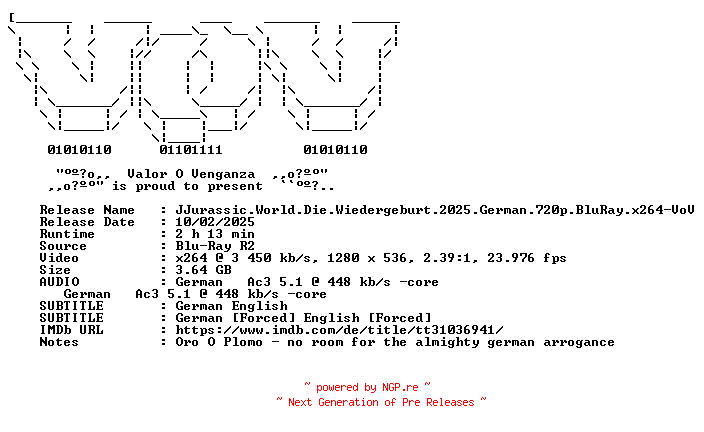 NFO for the release Jurassic.World.Die.Wiedergeburt.2025.German.720p.BluRay.x264-VoV by VoV