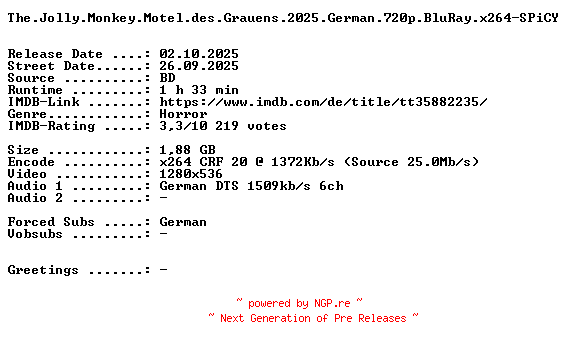 NFO for the release The.Jolly.Monkey.Motel.des.Grauens.2025.German.720p.BluRay.x264-SPiCY by SPiCY