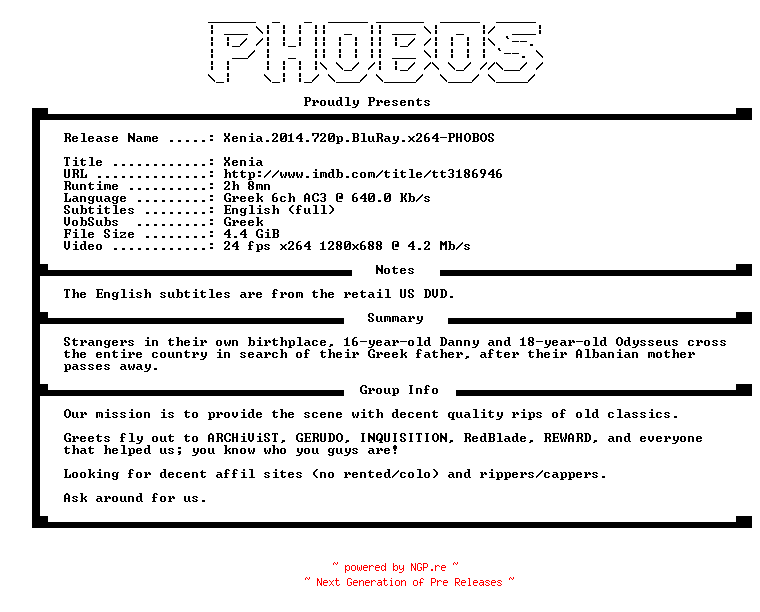 NFO for the release Xenia.2014.720p.BluRay.x264-PHOBOS by PHOBOS