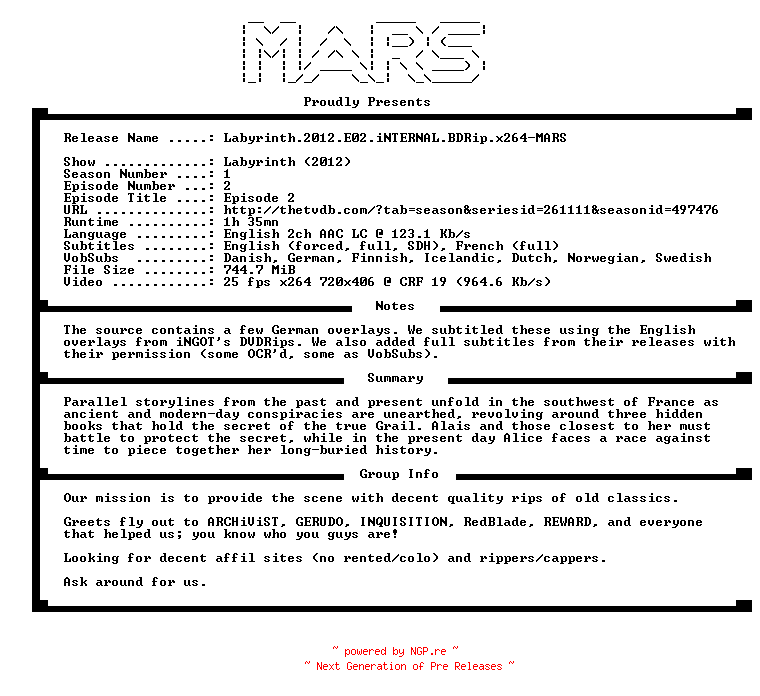 NFO for the release Labyrinth.2012.E02.iNTERNAL.BDRip.x264-MARS by MARS