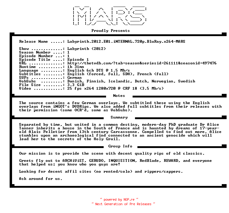 NFO for the release Labyrinth.2012.E01.iNTERNAL.720p.BluRay.x264-MARS by MARS